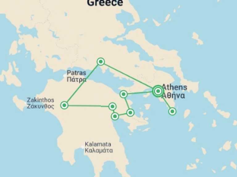 Map itinerary of Greece Tour in Summer with 3 destination visits for the trip: 5 Days Classical Tour Greece Nafplion, Olympia, Delphi
