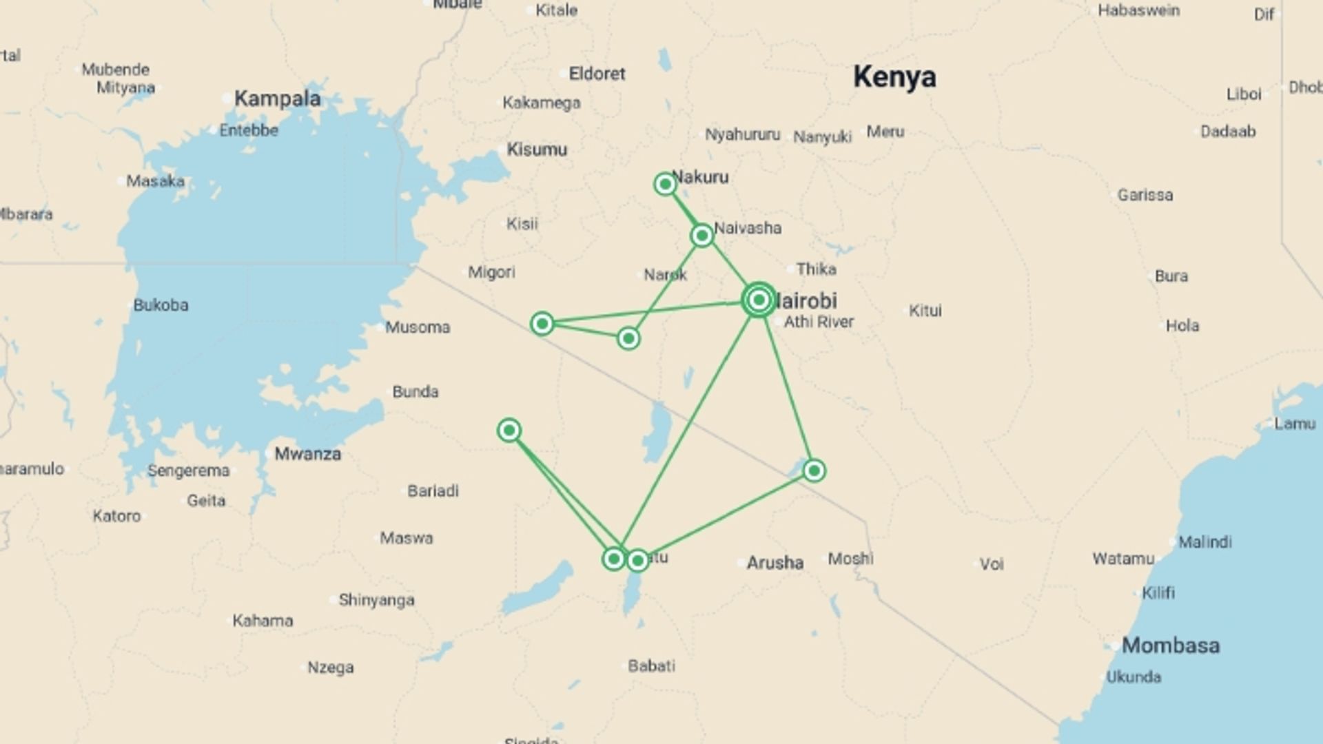 A map showing the tour itinerary for the trip: The Maasai Heartlands, starting in Nairobi, Kenya and ending in Nairobi, Kenya going through 8 other destinations.