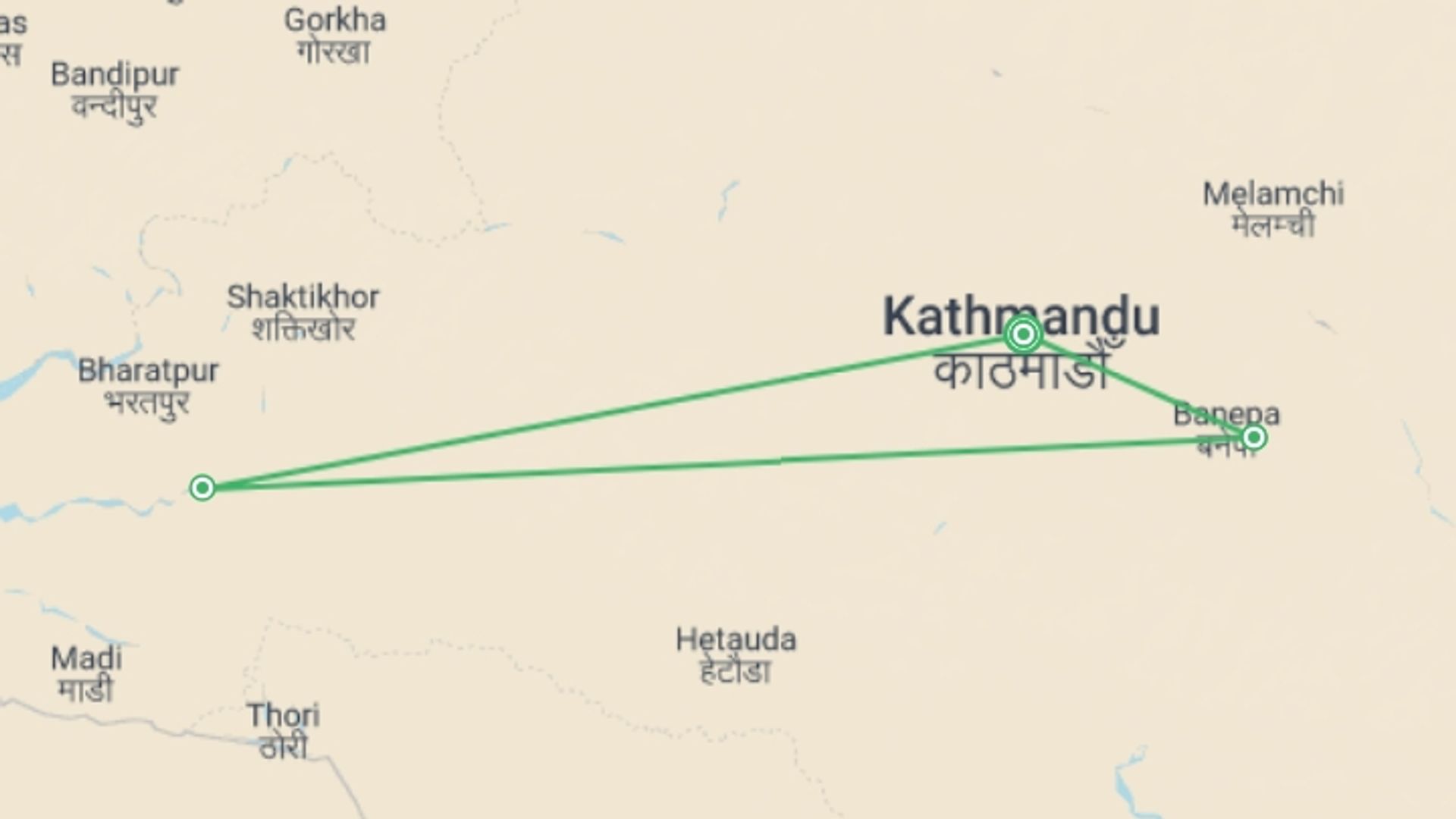 A map showing the tour itinerary for the trip: Signature: Nepal’s Himalayan Peaks, Kathmandu & Chitwan, starting in Kathmandu, Nepal and ending in Kathmandu, Nepal going through 2 other destinations.