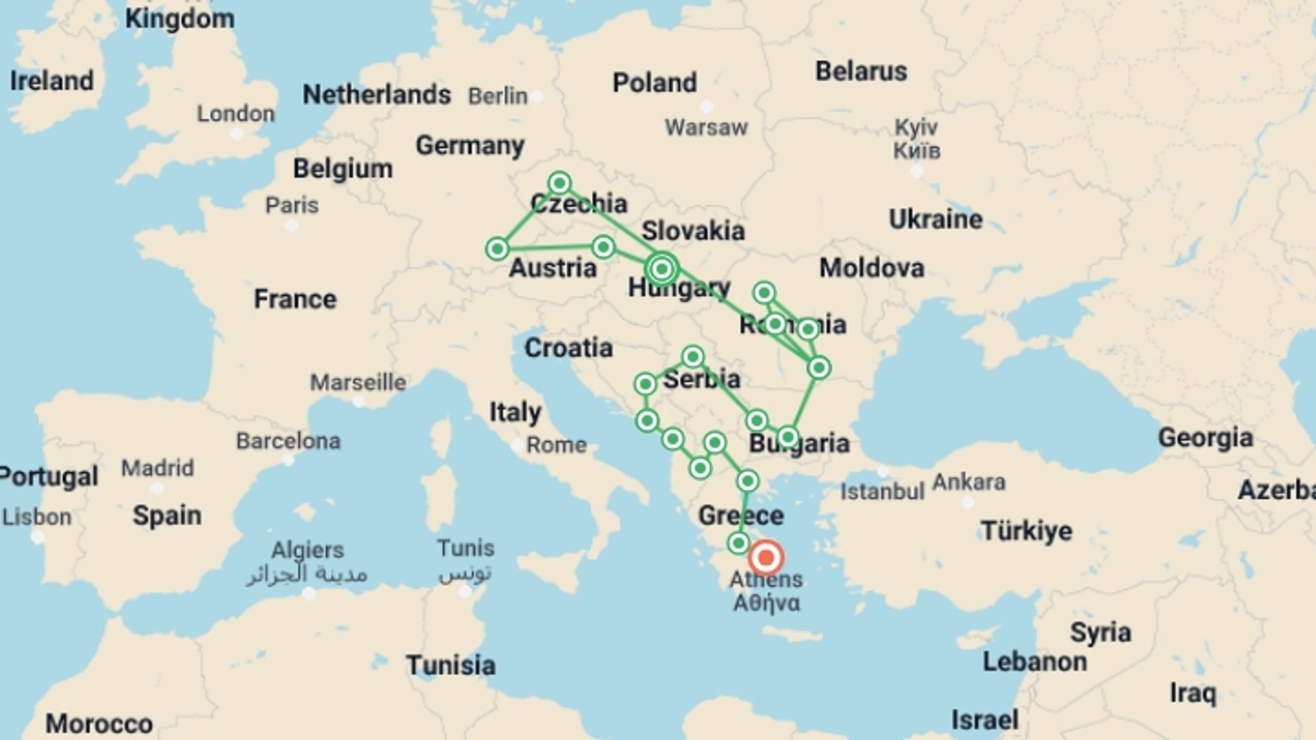 A map showing the tour itinerary for the trip: All Around Europe (4 Star Hotels), starting in Budapest, Hungary and ending in Athens, Greece going through 16 other destinations.