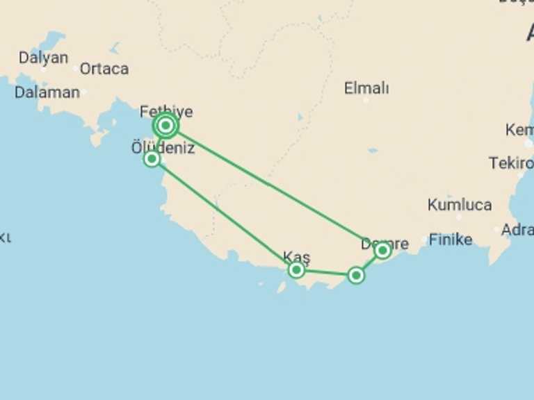 Map of Turkey Trekking and Hiking Tour with 6 destination visits for the trip: Turkish Sailing