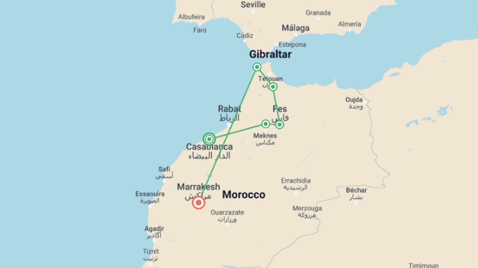 A map showing the tour itinerary for the trip: North Morocco Adventure, starting in Casablanca, Morocco and ending in Marrakech, Morocco going through 4 other destinations.