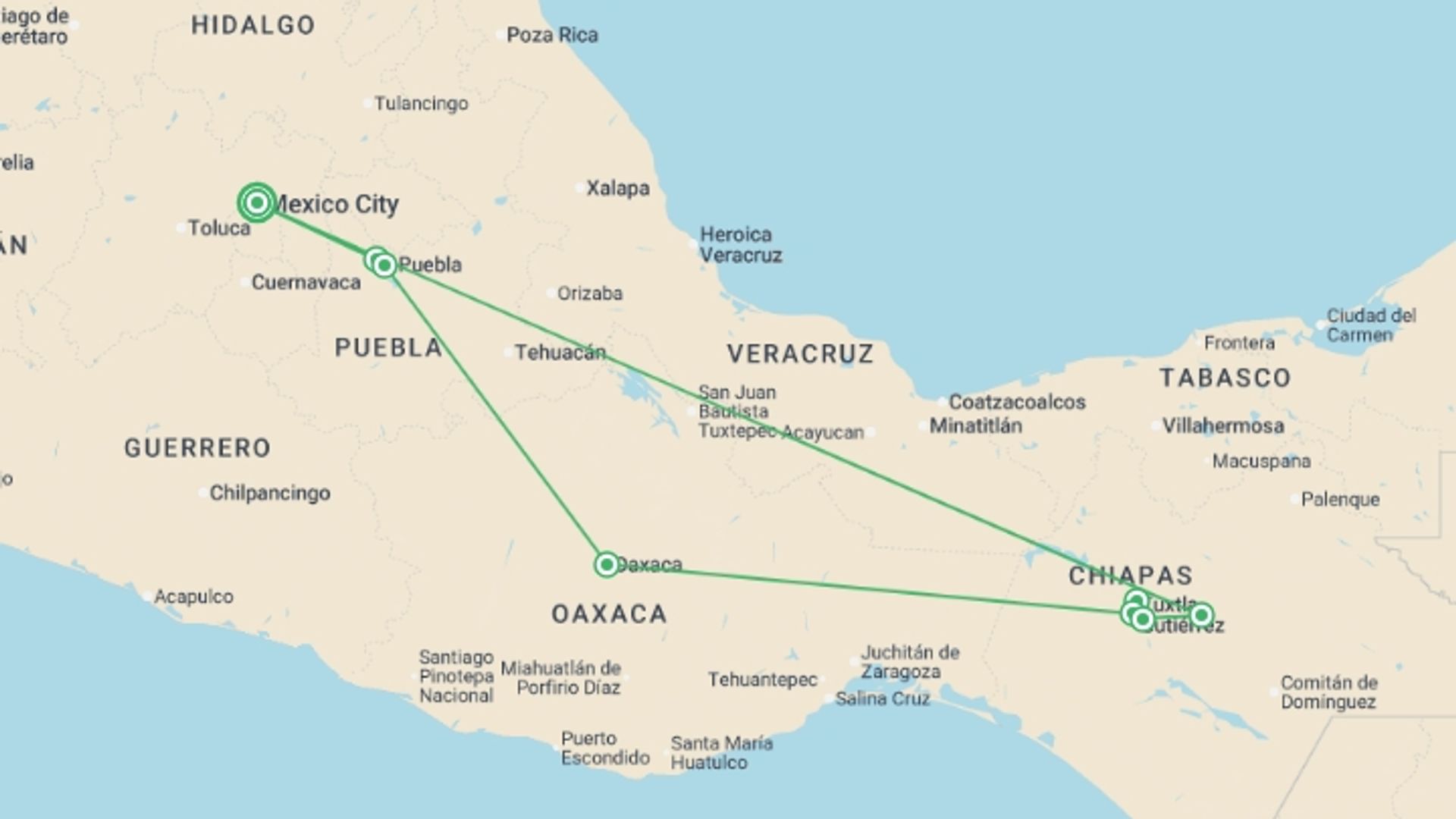 A map showing the tour itinerary for the trip: Mexican stroll, starting in Mexico City, Mexico and ending in Mexico City, Mexico going through 4 other destinations.