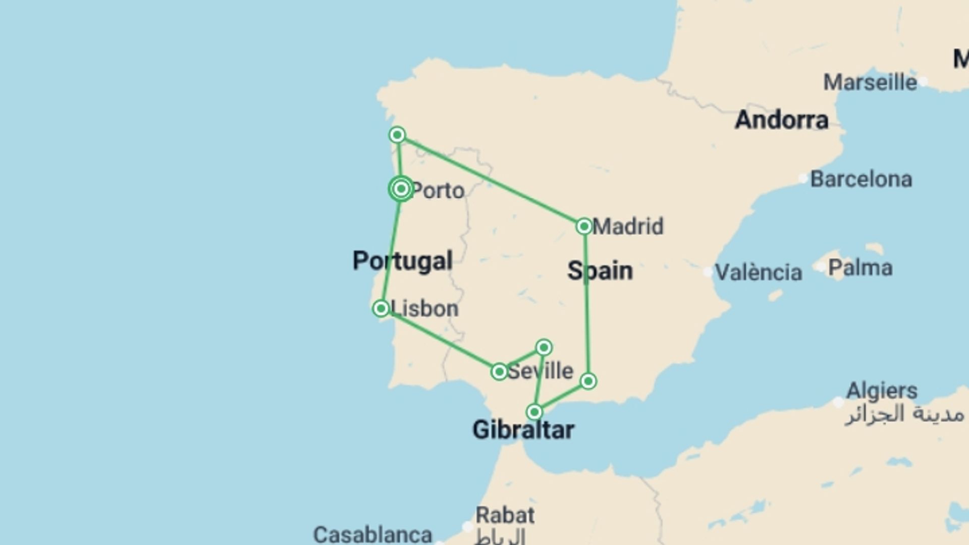 A map showing the tour itinerary for the trip: Andalucia Explorer From Porto - 12 days, starting in Porto, Portugal and ending in Porto, Portugal going through 7 other destinations.