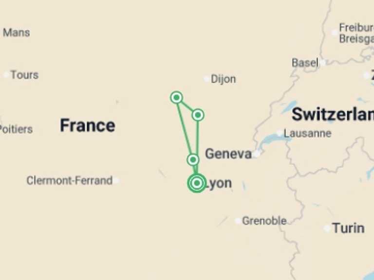 Map of Europe Tour with 5 destination visits for the trip: Exceptional Wine Tasting Cruise in Burgundy: Beaujolais Nouveau (port-to-port cruise)