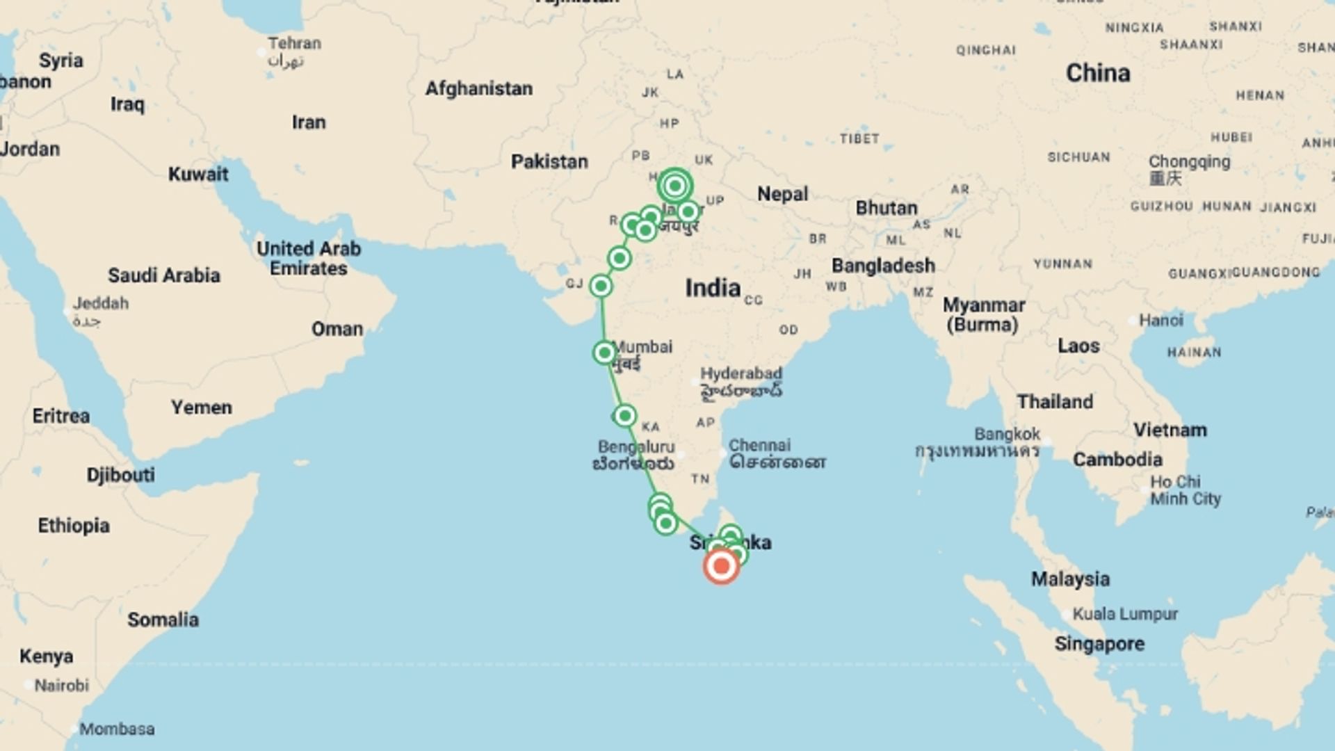 A map showing the tour itinerary for the trip: India to Sri Lanka: The Pink City & Spice Gardens, starting in New Delhi, India and ending in Hikkaduwa, Sri Lanka going through 18 other destinations.