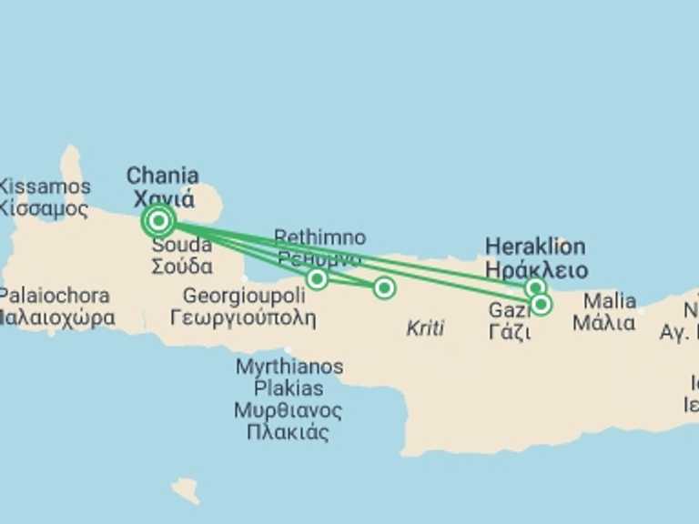 Map of Greece Tour with 1 destination visits for the trip: Crete Through The Minoan, Byzantine & Venetian Ages, Private Tour