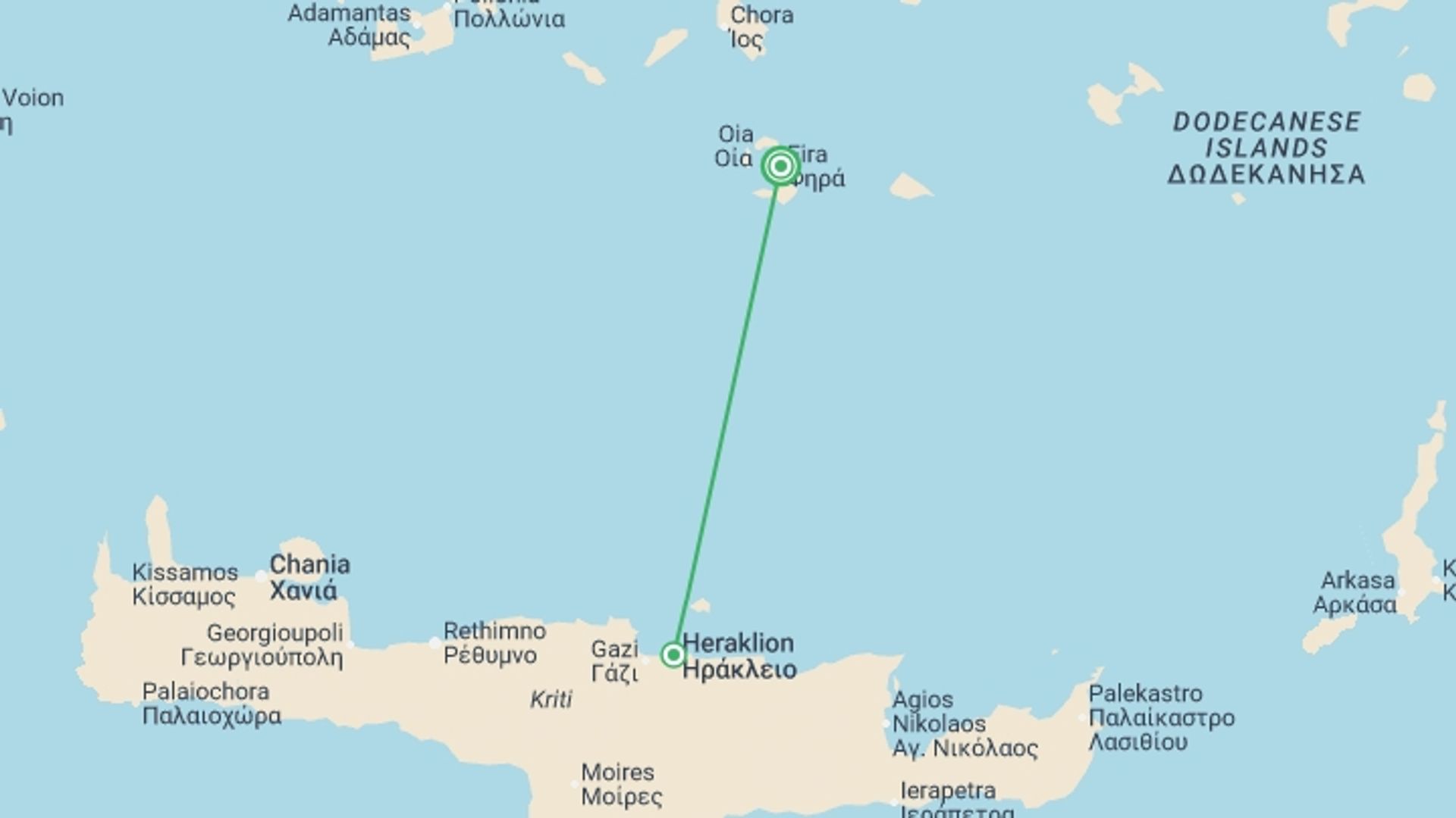 A map showing the tour itinerary for the trip: 2-day Escape To Santorini From Heraklion, starting in Santorini, Greece and ending in Santorini, Greece going through 1 other destinations.