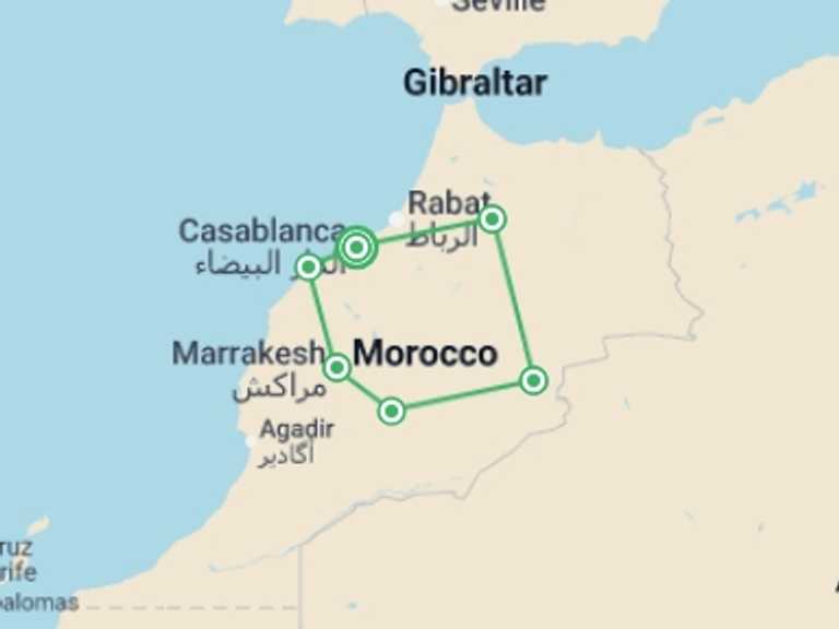 Map of Africa Adventure Tour with 6 destination visits for the trip: Treasures of Morocco