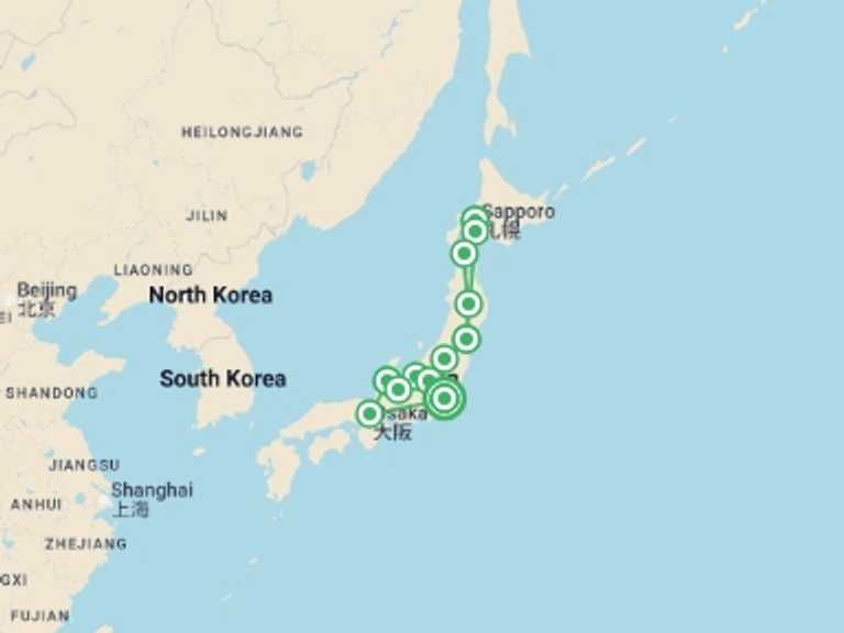 Map itinerary of Asia Tour in Spring with 12 destination visits for the trip: Sakura Dreams