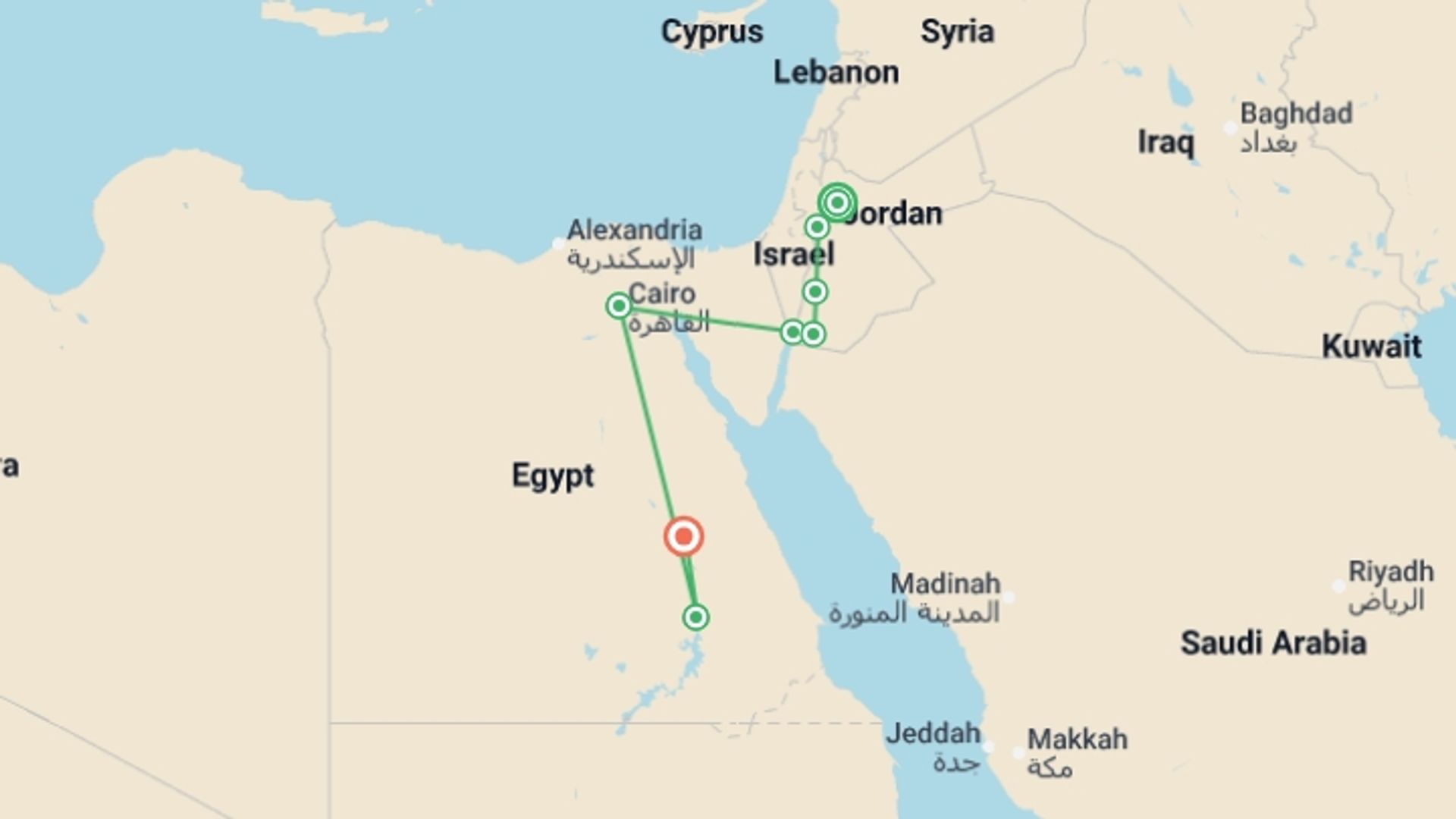 A map showing the tour itinerary for the trip: Magical Jordan and Beauties of the Nile, starting in Amman, Jordan and ending in Luxor, Egypt going through 6 other destinations.
