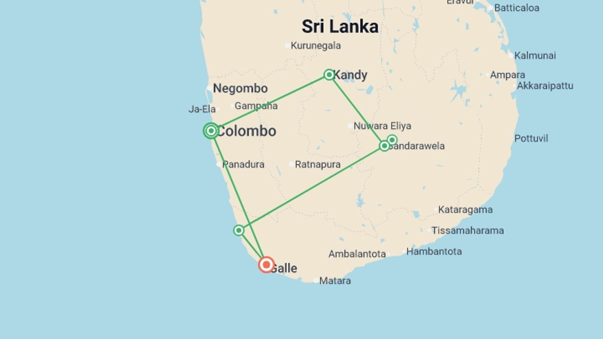 A map showing the tour itinerary for the trip: Wellness Luxury Tour: Yoga Retreats in Sri Lanka, starting in Colombo, Sri Lanka and ending in Galle, Sri Lanka going through 3 other destinations.