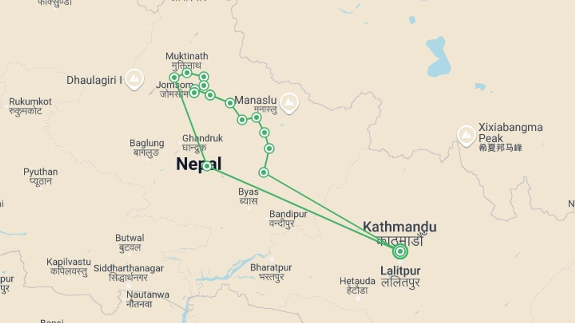 A map showing the tour itinerary for the trip: Tilicho Lake Trek: 19 Days, starting in Kathmandu, Nepal and ending in Kathmandu, Nepal going through 15 other destinations.