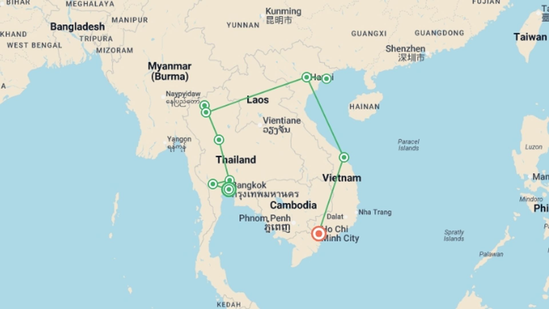 A map showing the tour itinerary for the trip: Premium Thailand and Vietnam, starting in Bangkok, Thailand and ending in Ho Chi Minh City, Vietnam going through 8 other destinations.