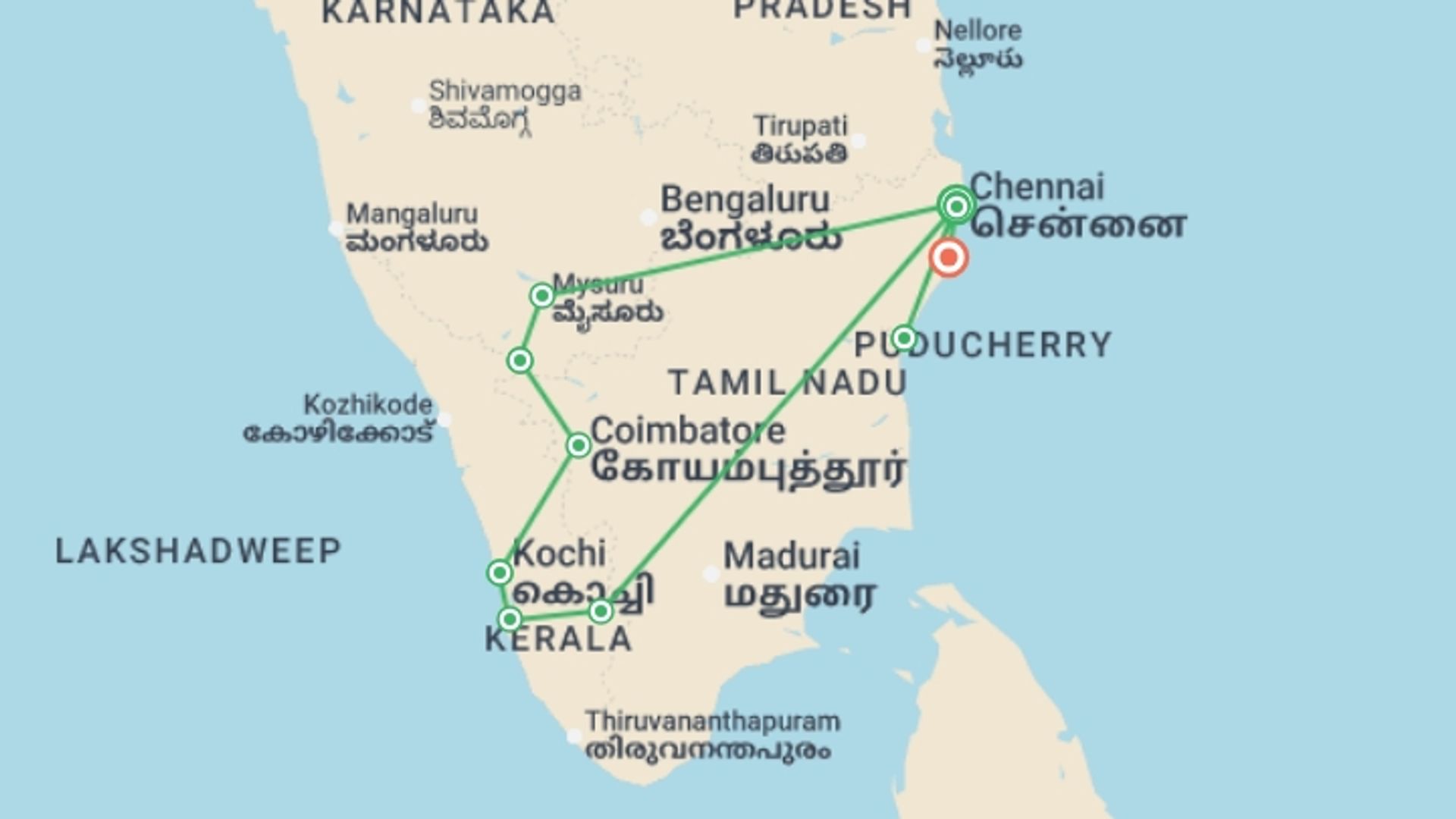 A map showing the tour itinerary for the trip: Highlights of Southern India, starting in Chennai, India and ending in Mamallapuram, India going through 9 other destinations.