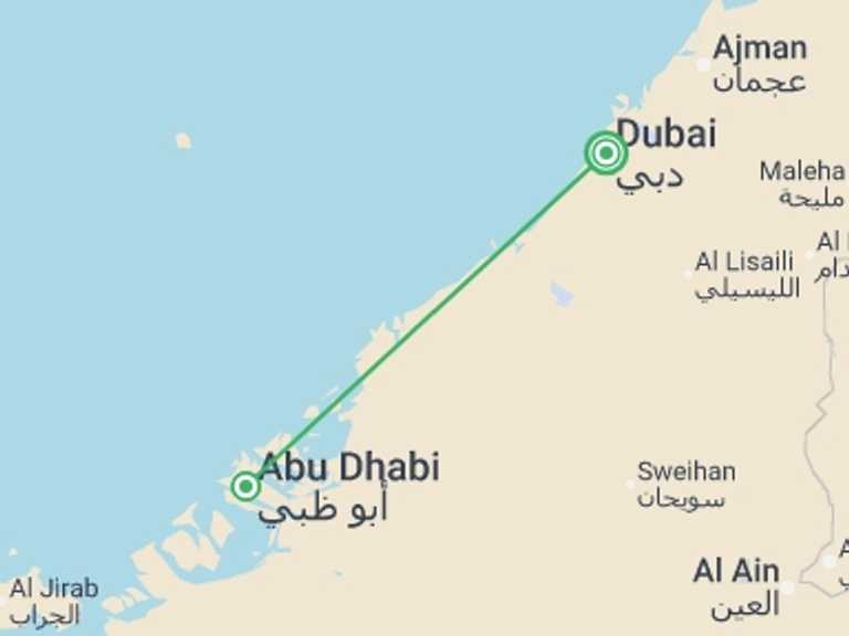 Map of UAE Explorer Tour with 2 destination visits for the trip: Abu Dhabi Family Break - 4 days