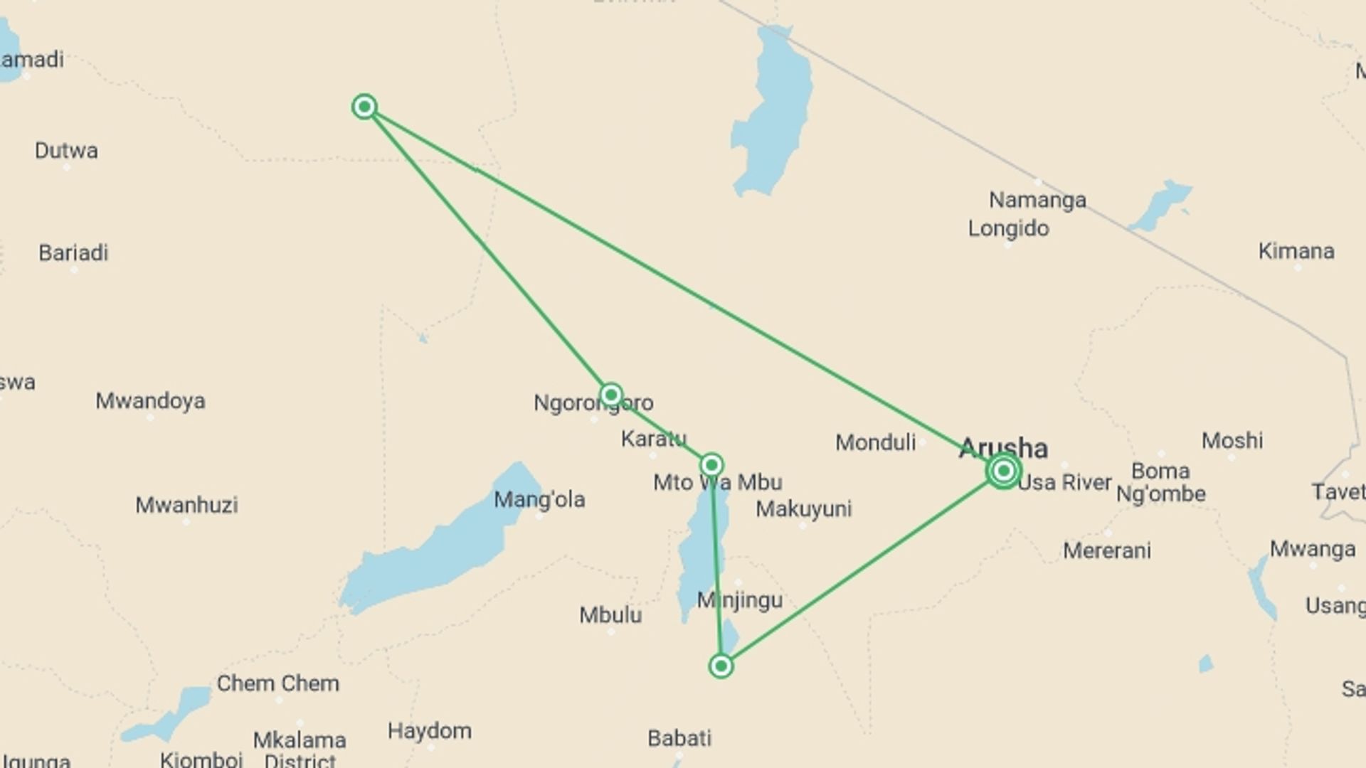 A map showing the tour itinerary for the trip: 10-Day  Luxury Safari in Tanzania, starting in Arusha, Tanzania and ending in Arusha, Tanzania going through 5 other destinations.