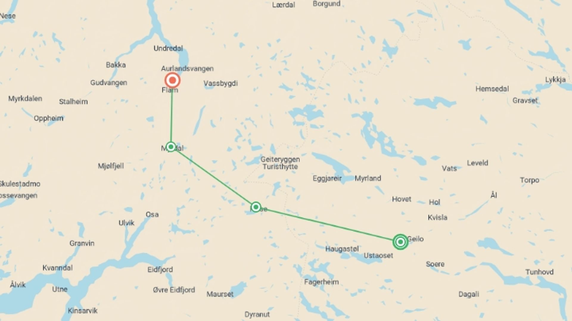 A map showing the tour itinerary for the trip: Hiking Norway's Fjordland, starting in Geilo, Norway and ending in Aurland, Norway going through 2 other destinations.