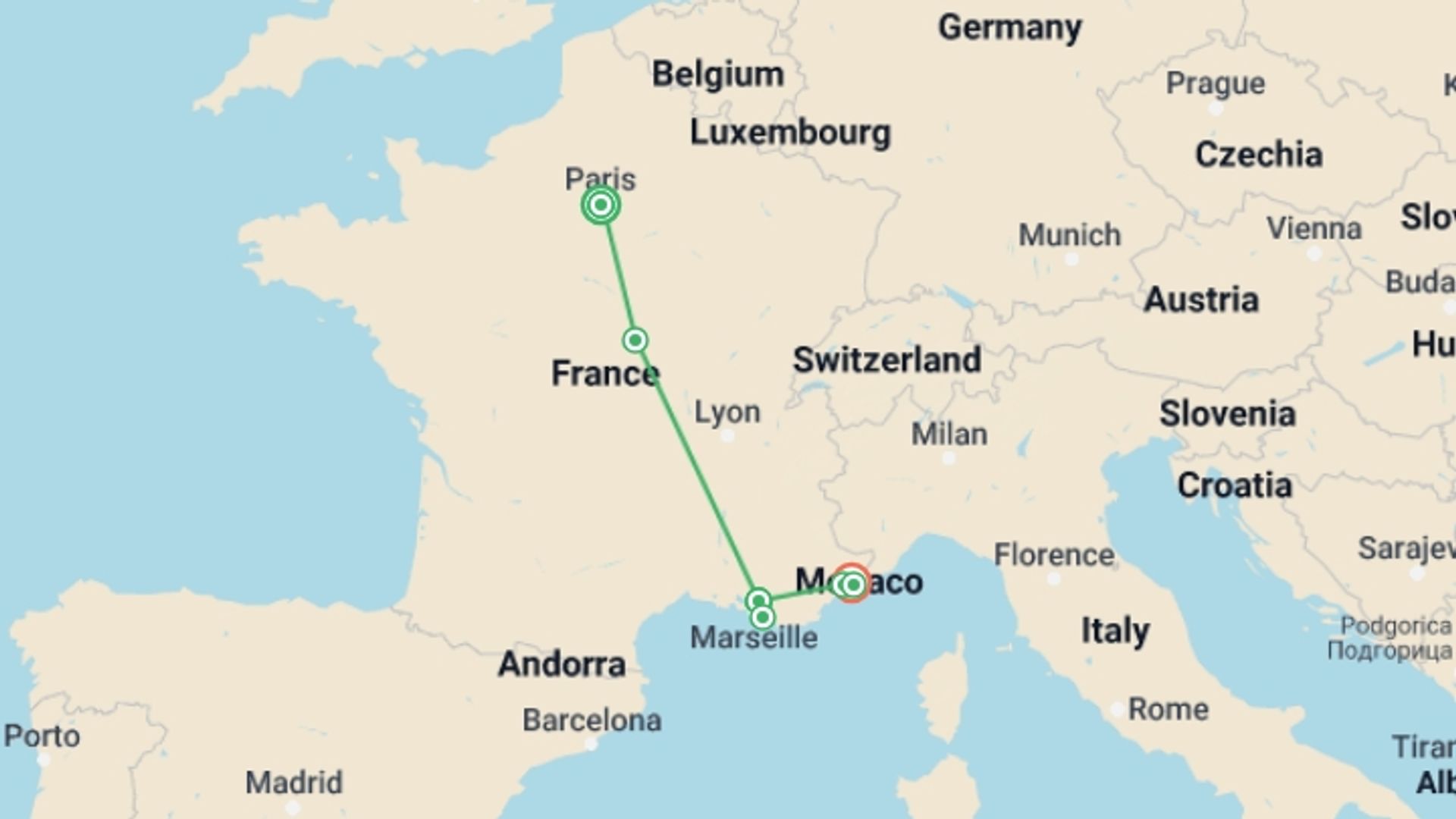A map showing the tour itinerary for the trip: Essence of France, starting in Paris, France and ending in Nice, France going through 4 other destinations.