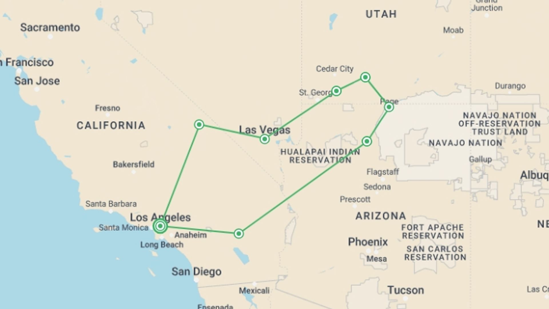 A map showing the tour itinerary for the trip: USA Road Trip — Grand Canyon, Vegas & Death Valley, starting in Los Angeles, USA and ending in Los Angeles, USA going through 6 other destinations.
