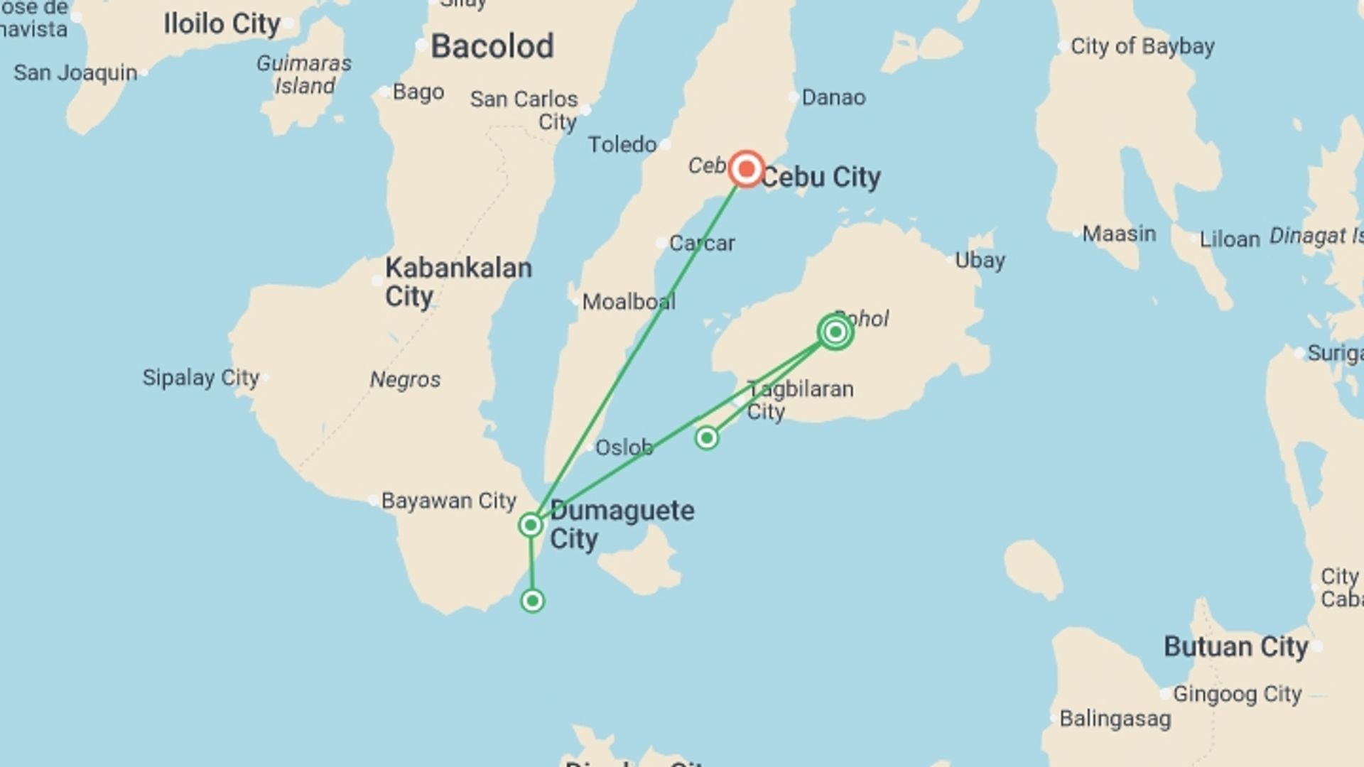 A map showing the tour itinerary for the trip: Philippines’ Bohol & Cebu: See & Experience it all, starting in Bohol, Philippines and ending in Cebu, Philippines going through 3 other destinations.