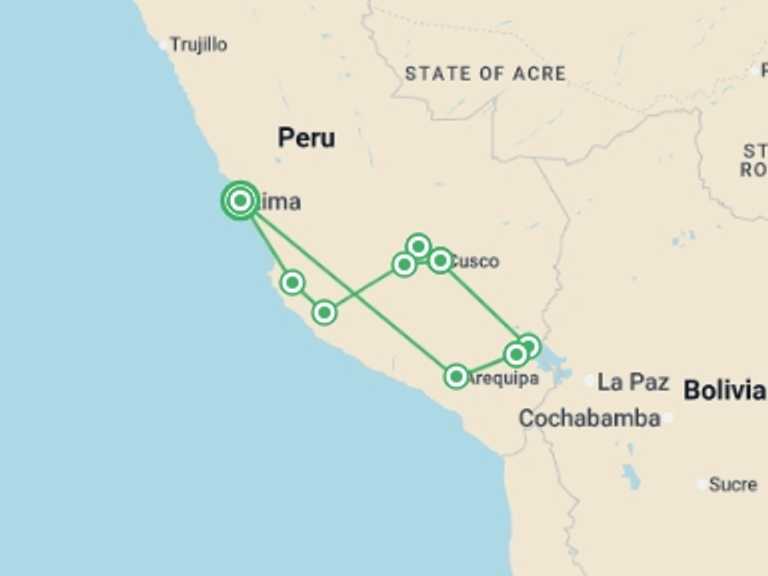 Map of Lima Tour with 10 destination visits for the trip: Essential Peru