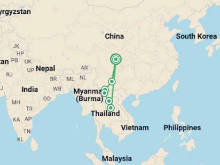 Map of China Tour with 7 destination visits for the trip: Cultural Treasures And Serene Landscapes: Chengdu's Path To Laos Tour