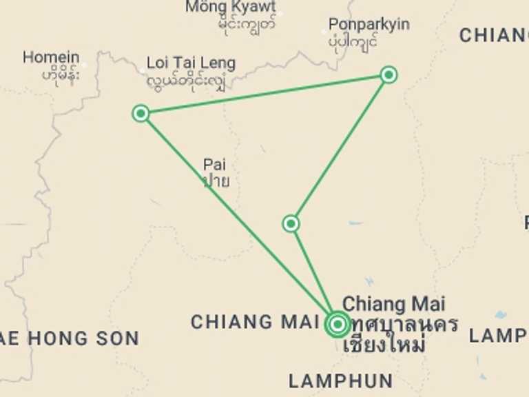Map of Thailand Tour with 4 destination visits for the trip: Northern Thailand Hilltribes Trek