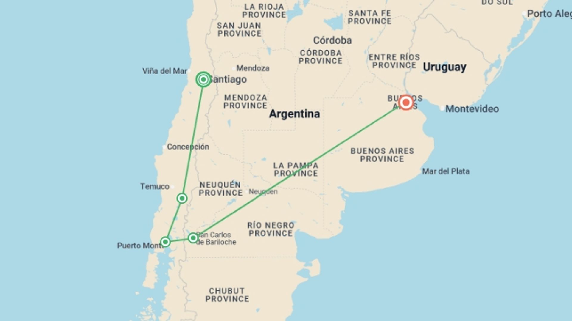 A map showing the tour itinerary for the trip: Santiago to Buenos Aires: Volcanos, Valleys & the Lake District, starting in Santiago, Chile and ending in Buenos Aires, Argentina going through 3 other destinations.