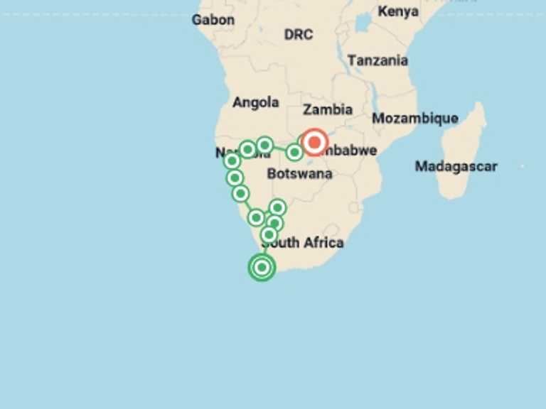 Map of 20-Day Africa Tour with 13 destination visits for the trip: African Wildlife Explorer