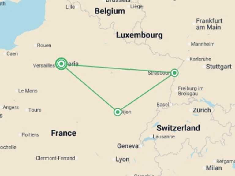 Map itinerary of France Tour in February 2027 with 3 destination visits for the trip: Charms of Burgundy and Alsace