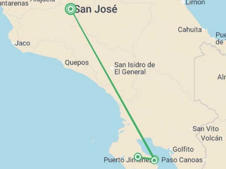 Map of 4-Day Costa Rica Tour with 2 destination visits for the trip: 4-day Botanika Osa Rainforest Experience