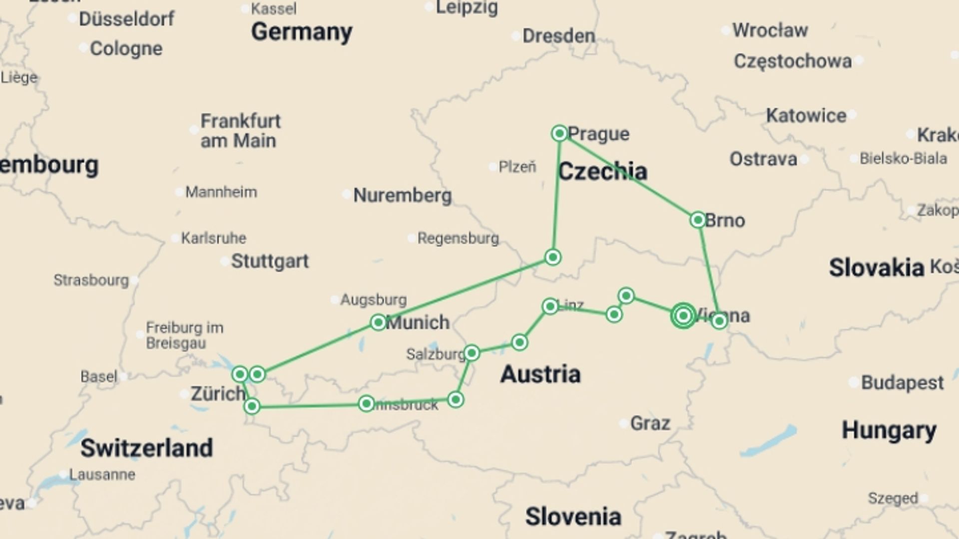 A map showing the tour itinerary for the trip: Total Austria, Bavaria and Czechia, starting in Vienna, Austria and ending in Vienna, Austria going through 7 other destinations.