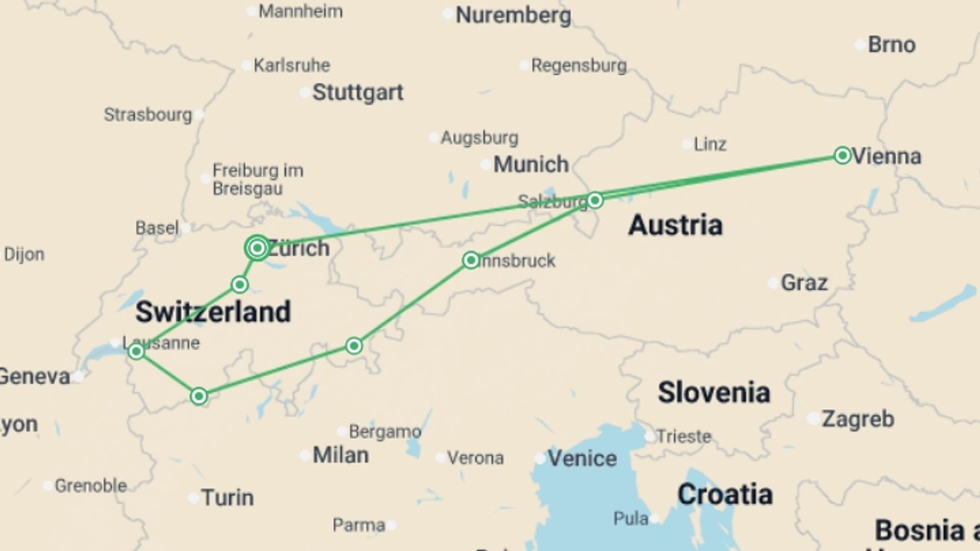 A map showing the tour itinerary for the trip: Switzerland and Austria, starting in Zurich, Switzerland and ending in Zurich, Switzerland going through 7 other destinations.