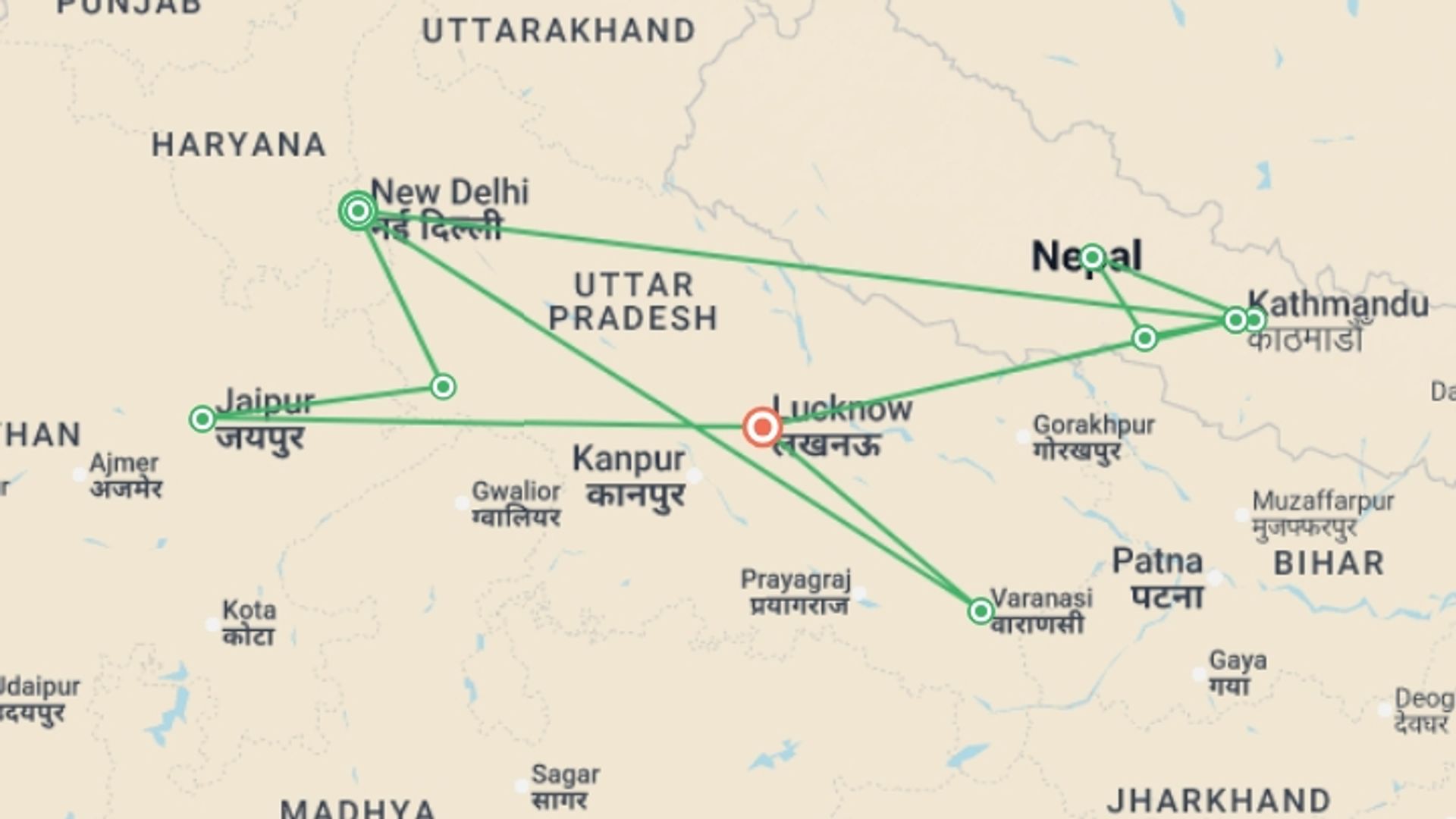 A map showing the tour itinerary for the trip: Premium India & Nepal, starting in New Delhi, India and ending in Lucknow, India going through 7 other destinations.