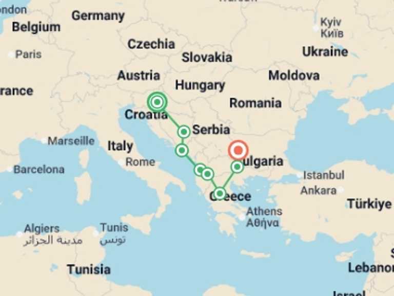 Map of Zagreb City sightseeing Tour with 8 destination visits for the trip: Balkan Dreams end Bulgaria