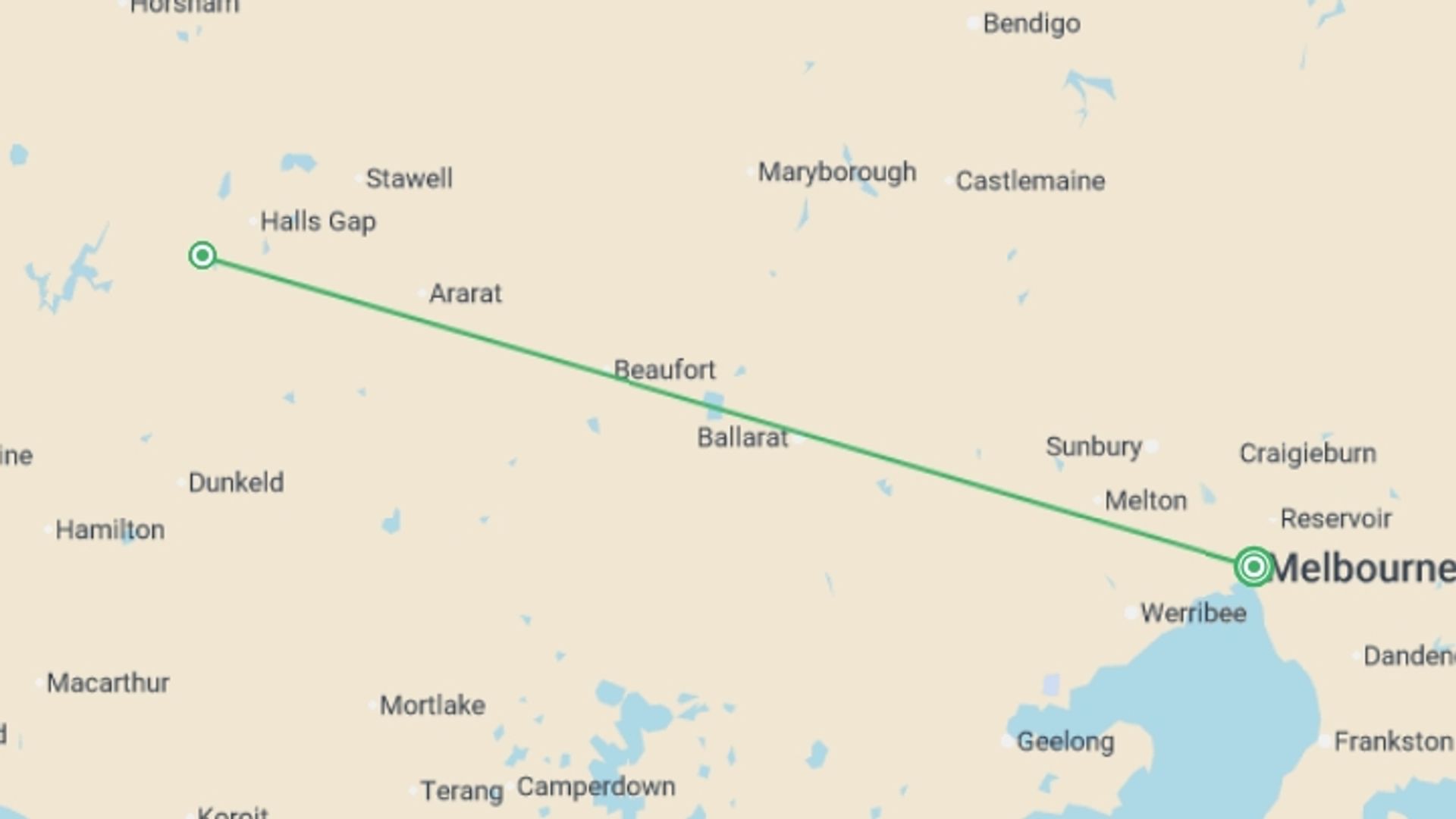 A map showing the tour itinerary for the trip: Walk the Grampians Peaks Trail, starting in Melbourne, Australia and ending in Melbourne, Australia going through 1 other destinations.