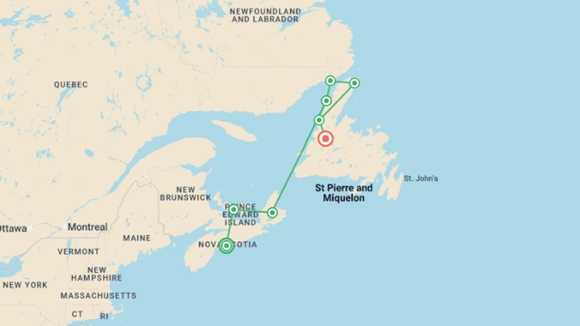 A map showing the tour itinerary for the trip: Nova Scotia, Prince Edward & Newfoundland - 13 days, starting in Halifax, Canada and ending in Deer Lake, Canada going through 6 other destinations.