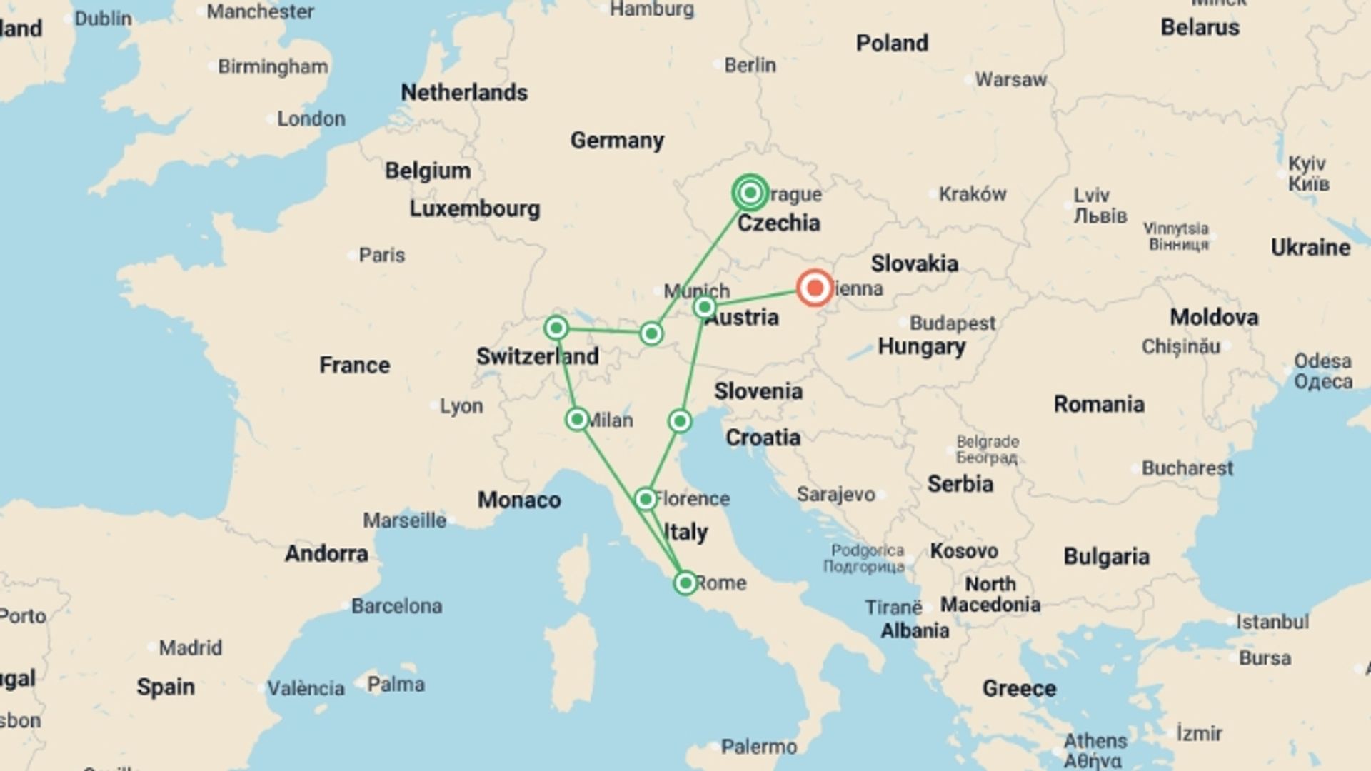 A map showing the tour itinerary for the trip: Central Europe GO, starting in Prague, Czech Republic and ending in Vienna, Austria going through 7 other destinations.