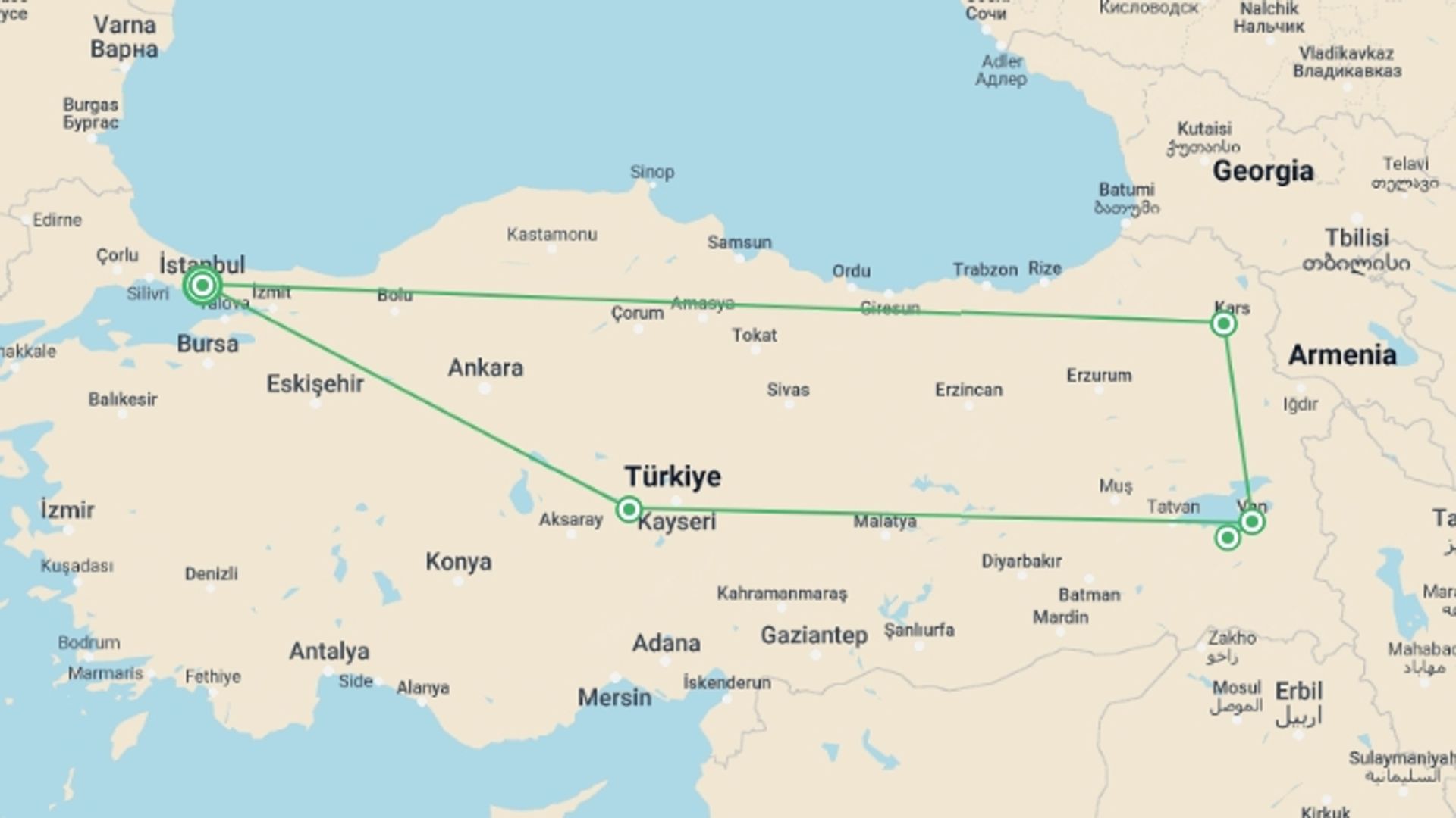 A map showing the tour itinerary for the trip: Private Fire of Mesopotamia Tour, starting in Istanbul, Turkey and ending in Istanbul, Turkey going through 3 other destinations.