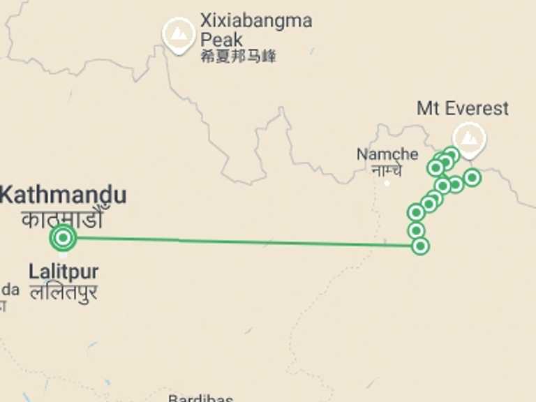 Map itinerary of Everest Base Camp trek Tour in April 2027 with 12 destination visits for the trip: Island Peak Climbing with Everest Base Camp Trek