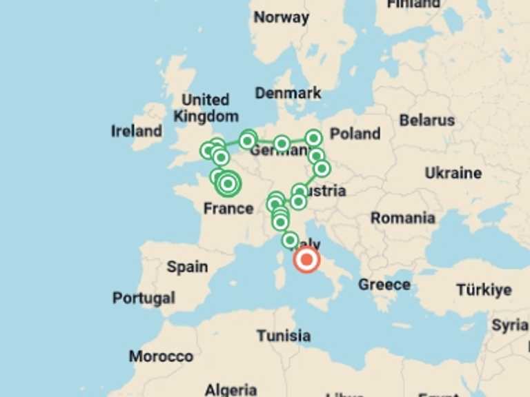 Map itinerary of Europe Tour in January 2027 with 11 destination visits for the trip: European Circle from Paris to Rome