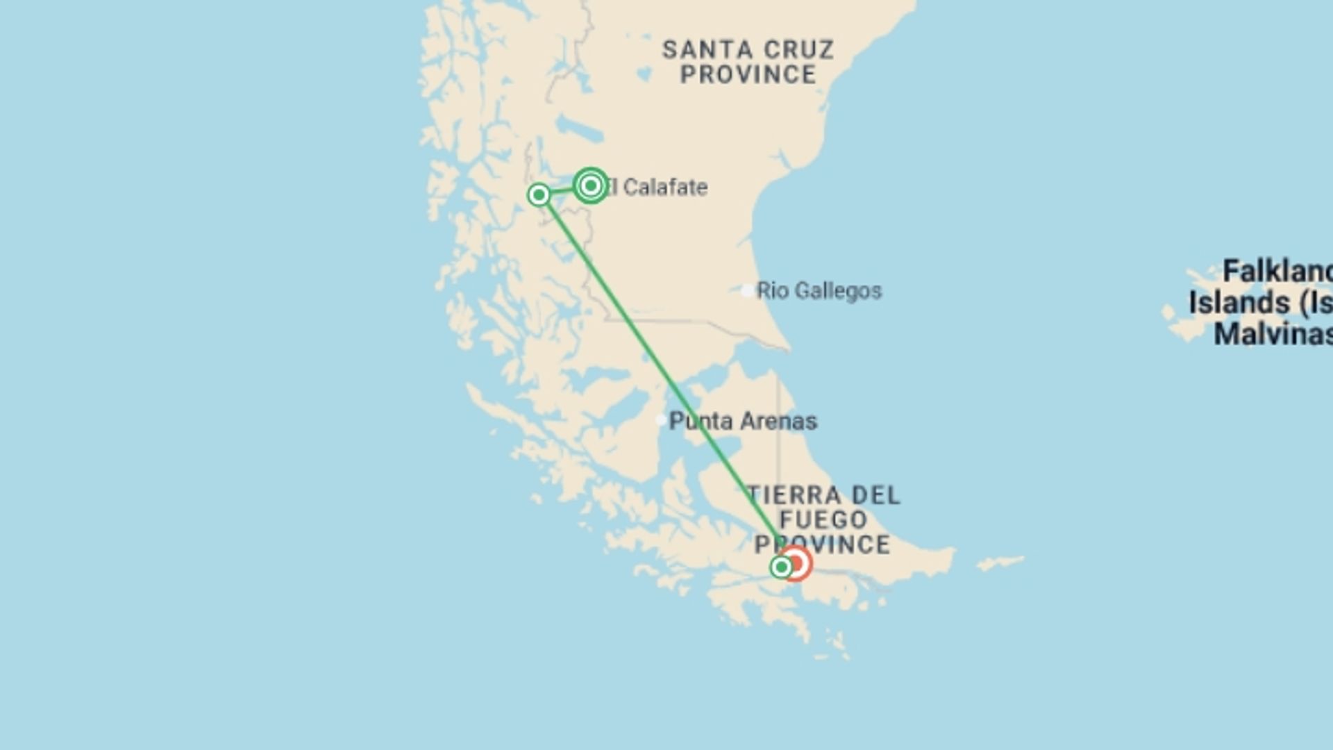 A map showing the tour itinerary for the trip: Argentina: Calafate and Ushuaia - 5 days, starting in El Calafate, Argentina and ending in Ushuaia, Argentina going through 2 other destinations.