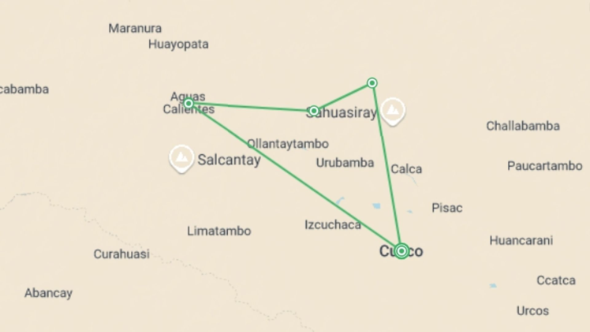 A map showing the tour itinerary for the trip: Lares Trek to Machu Picchu 5D/4N, starting in Cusco, Peru and ending in Cusco, Peru going through 3 other destinations.