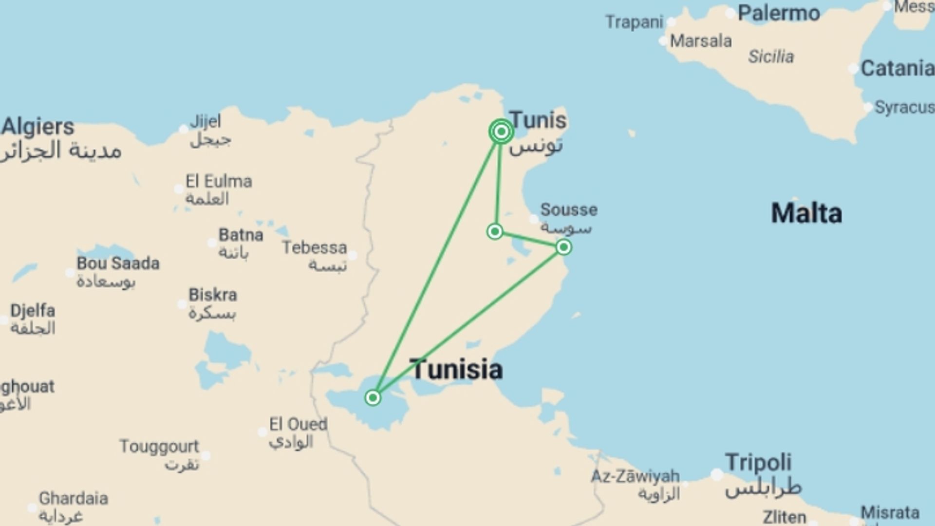 A map showing the tour itinerary for the trip: Tunisian Coast and Ancient Carthage in Summer, starting in Tunis, Tunisia and ending in Tunis, Tunisia going through 3 other destinations.