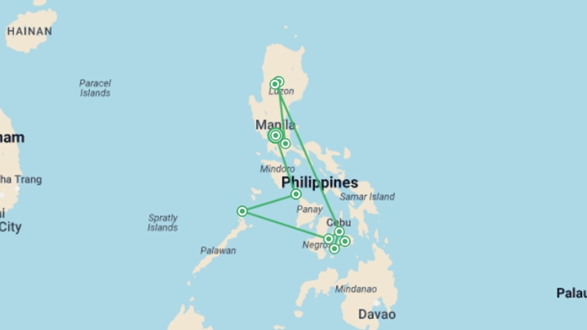 A map showing the tour itinerary for the trip: Island Symphony: 18-Day Philippines Escape, starting in Manila, Philippines and ending in Manila, Philippines going through 11 other destinations.