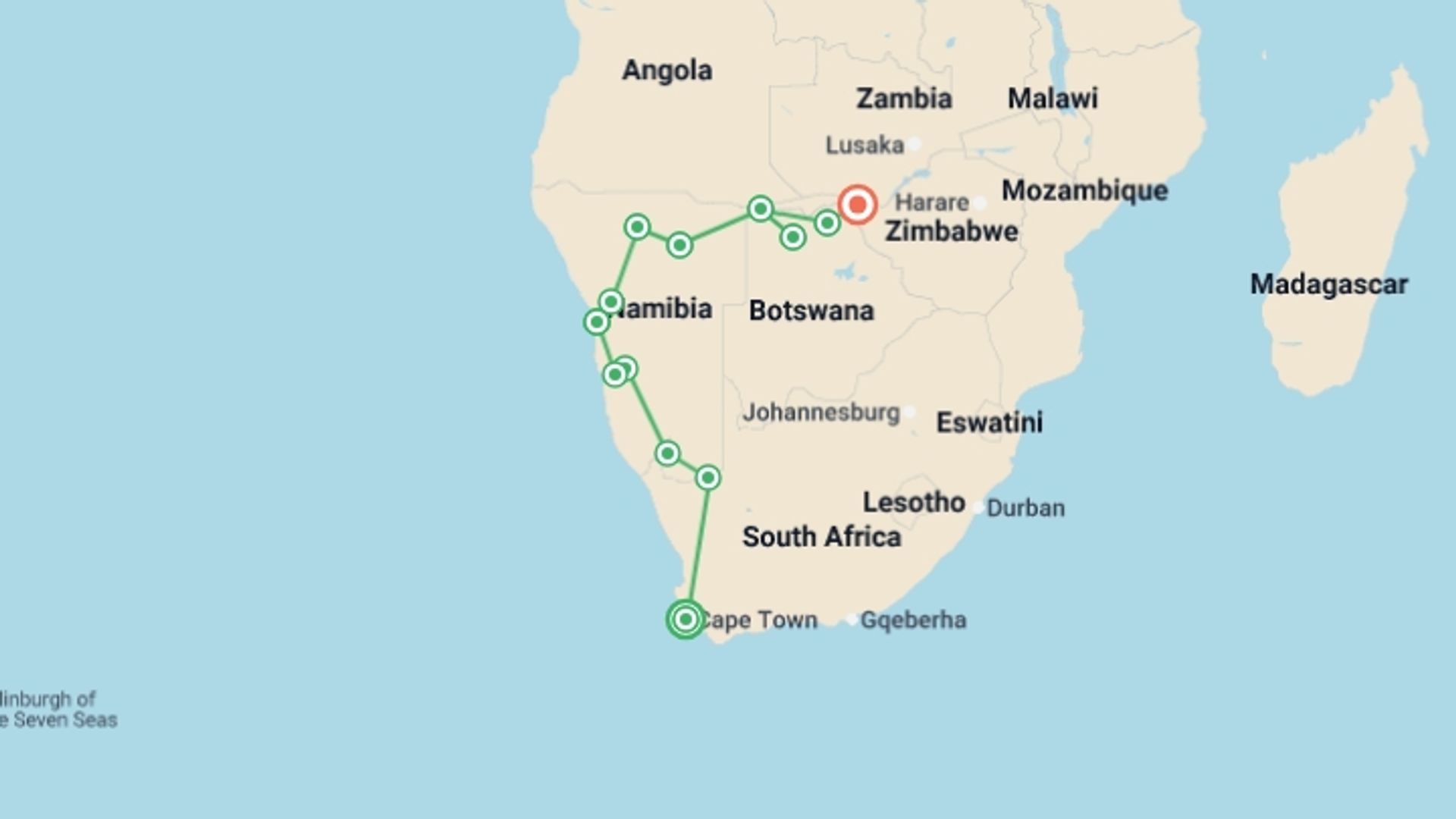 A map showing the tour itinerary for the trip: Cape Town to Vic Falls, starting in Cape Town, South Africa and ending in Victoria Falls, Zimbabwe going through 11 other destinations.