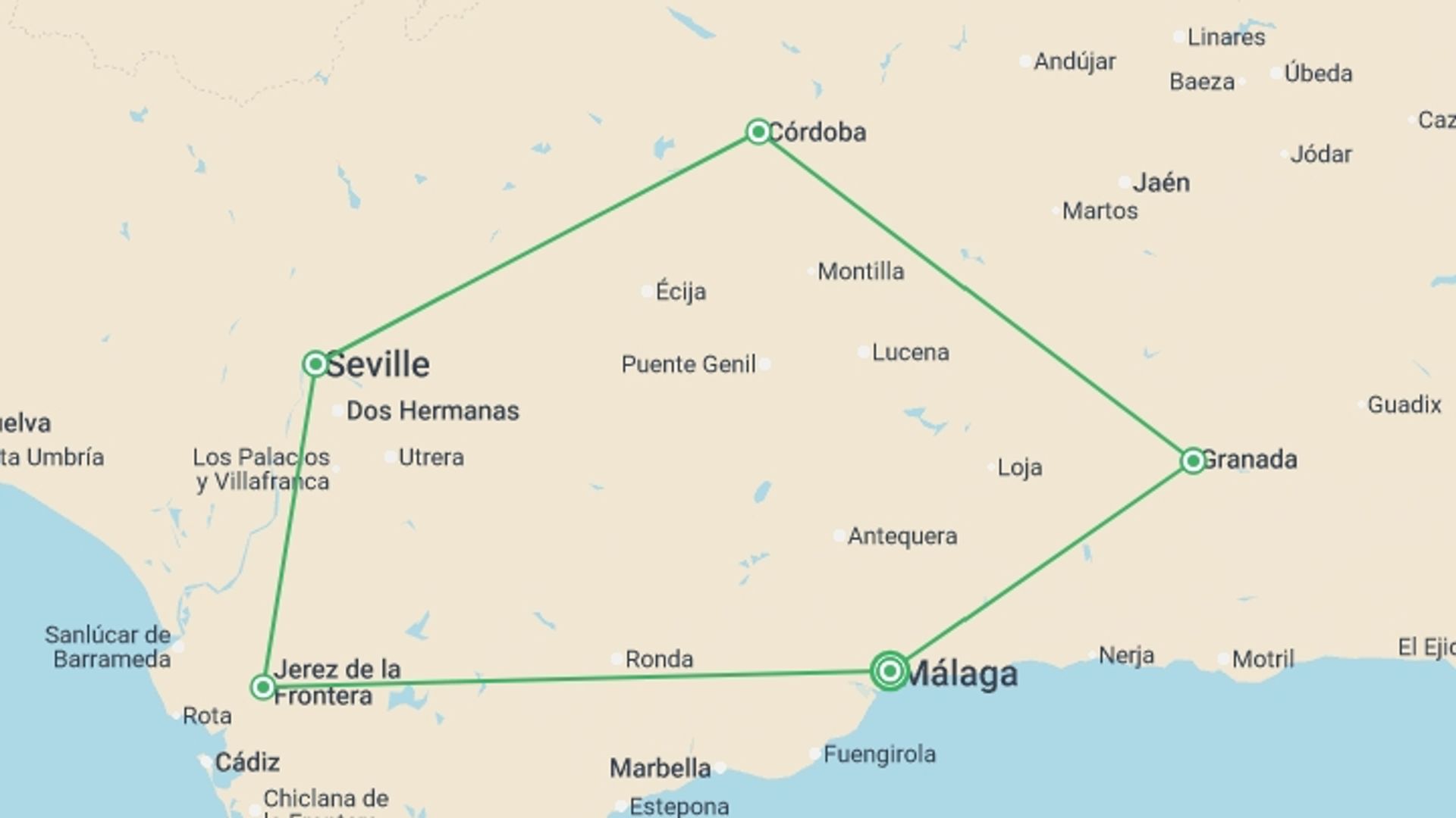 A map showing the tour itinerary for the trip: Andalusia Highlights, Self-drive, starting in Malaga, Spain and ending in Malaga, Spain going through 3 other destinations.