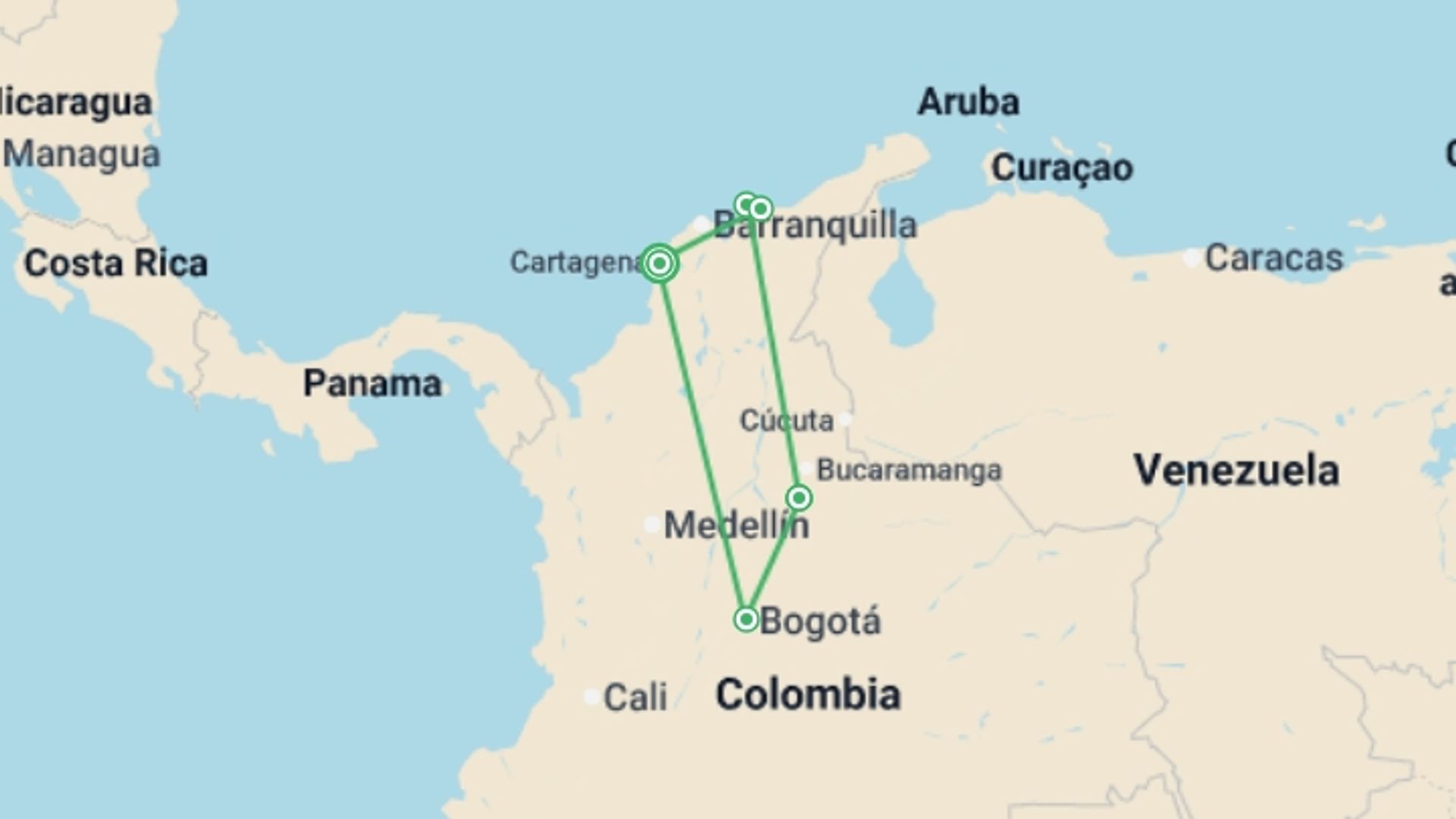 A map showing the tour itinerary for the trip: Coastal Colombia, starting in Cartagena, Colombia and ending in Cartagena, Colombia going through 4 other destinations.