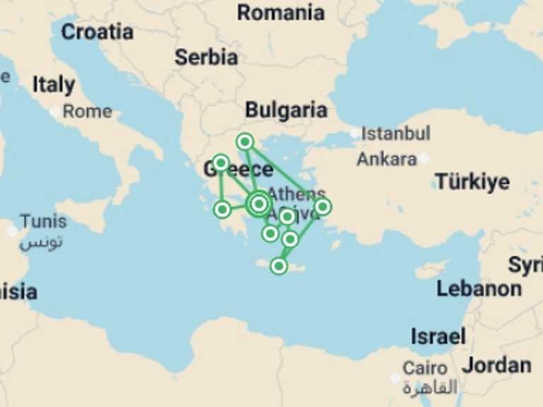 Map itinerary of Europe Tour in September 2026 with 9 destination visits for the trip: Grecian Fables